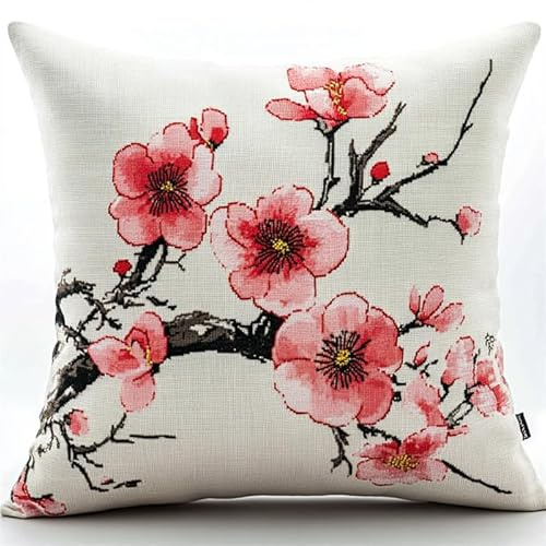 Kit di cuscini per gancio di chiusura per adulti,fiori in stile inchiostro,tappeto fai da te,kit di fabbricazione del cuscino,motivo colorato, tela stampata, federa, kit di decorazione di 43 x 43 cm