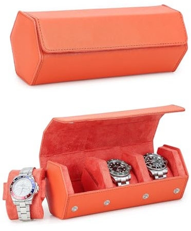 Hiram Hexagon Watch Case Genuine Saffiano Leather Watch Box for 3 Watches, Leather 3-Slot Watches Protective Storage Case Watch Display Organizer for Men (Orange)