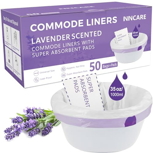 ININCARE Commode Liners with Absorbent Pads for Bedside Commode, 50 Lavender Scented Commode Liners and Pads, Potty Bags for Portable Toilet, Potty Chair Liners, Commode Toilet ＆ Bedside Commodes