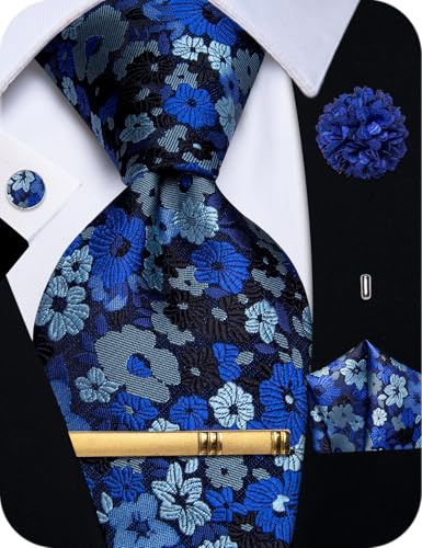 YourTies Blue Ties for Men Silk Floral Formal Necktie Pocket Square Set