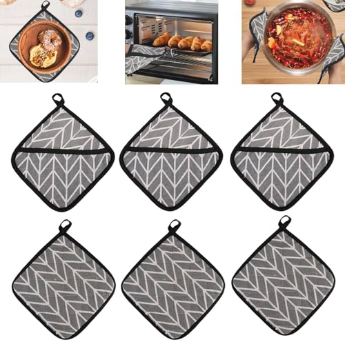 6 Pezzi Presine da Cucina con Tasca, 18x18cm Presine in Cotone, Resistenti al Calore Fino a 260 °C, Lavabili, per Cuocere, Cucinare, Tovagliette, per Proteggere il Tavolo Senza Scottarsi Mani(Grigio)