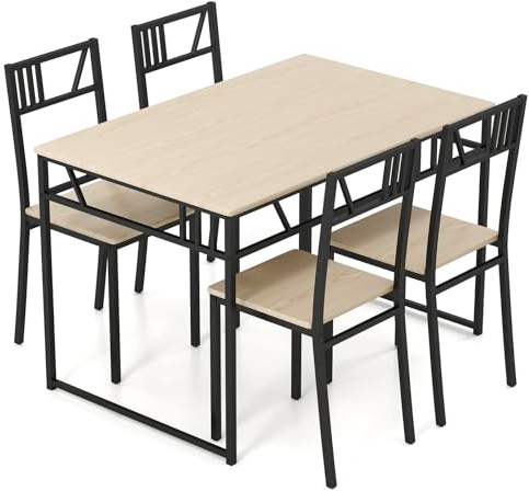 TANGZON Dining Table and 4 Chairs, 5 Pieces Wooden Kitchen Table and Chairs Set 4 with Backrest, Metal Frame Space Saving Dining Set Furniture for Home Living Room Restaurant Bistro (Natural)