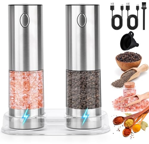 TAVADA Set macina sale e pepe elettrico,Macinapepe automatici,Macina spezie con macinino in ceramica regolabile con granulometria regolabile,acciaio inox,per cucina e barbecuegrana - Argento