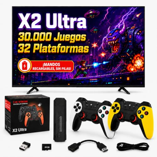 Genérico Consola Retro HDMI Stick X2 ULTRA Vers. 2026 con 32 Plataformas y 30.000 Juegos | Incluye 2 Mandos Gamepads Inalámbricos Recargables (Sin Pilas) | Sin Internet Conectar y Jugar