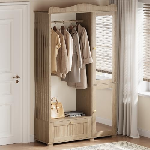Qsddk Garderobenschrank mit Spiegel, Garderobe Garderobenset mit Schublade und 2 Türen, Flurgarderobe Flur Möbel, Eichenholzfarbe, 115.5x38.5x194.5 cm