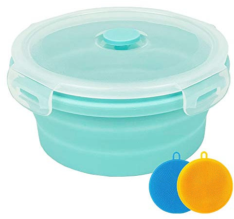 CARTINTS Small Collapsible Bowl Silicone Food Storage Containers Collapsible Camping Bowl for Travel Camping Hiking with Airtight Plastic Lids and 2Pack Silicone Dish Sponges- Blue, 350ml