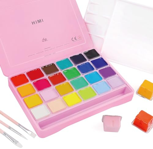 HIMI Gouache Färgkit 24 Färger Giftfria Färger Gelé Kopp Design med Färgborstar Palett Bärbar för Professionella Konstnärer Barn, Rikt Pigment, 30 ml/Kopp