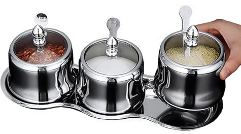 Tenta Tenta Kitchen 18/8 Stainless Steel Seasoning Box Condiment Jar Set Spice Jar Spice Rack Condiment Cruet Bottle Salt Pepper Sugar Storage Organizers with 3 Serving Spoons (Glass Lids)