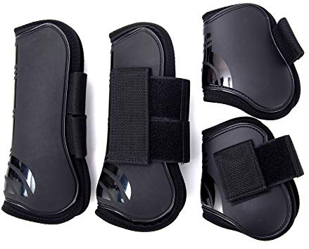 Merauno® Lot de 4 guêtres pour Cheval - pour l'avant derrière Coque Rigide et Fermeture V elcro - pour Homme et Femme - en polyuréthane Robuste et élastique - Taille S (Poney) - Noir