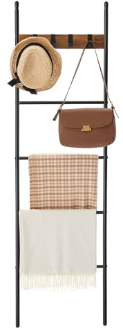 VASAGLE Blanket Ladder, 5-Tier Ladder Shelf, Decorative Ladder with 4 Removable Hooks, Metal Frame, Industrial Style, Rustic Brown and Black ULLS016B01