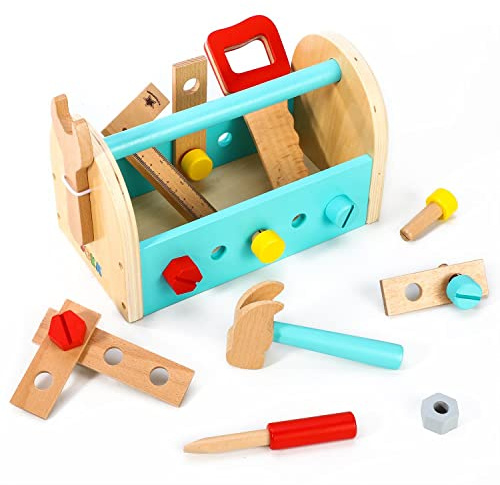 SOKA My First Toolbox Carpenter Wooden Building Tools Play Set Construction Wood Craft Pretend Play Builder Woodwork Preschool Learning Toy for Kids Children Boys Girls Ages 3 year old +
