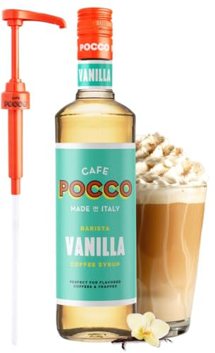 Cafe Pocco Premium Vanilla Coffee Syrup with Pump - Gluten Free and Vegan Syrup, Ideal for Lattes, Cappuccinos, Espresso, Americano - Glass Bottle 750ml (Pack of 1)