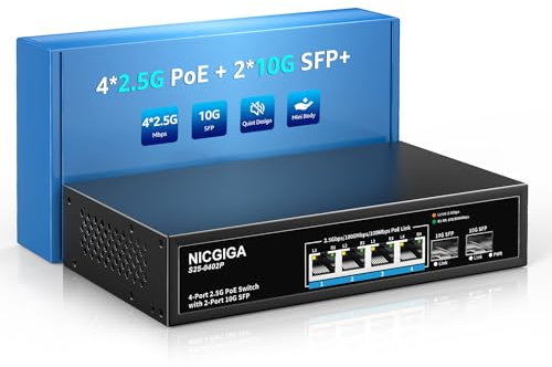 NICGIGA 4 Port 2.5G PoE Switch Unmanaged with 4 x 2.5Gb Base-T PoE+@78W + 2 x 10G SFP Uplink, 2.5Gbe IEEE802.3af/at Power Over Ethernet Switch, Support WiFi6 AP, NAS, 4K PoE Camera NVR.