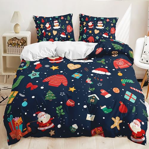 Lunoroey Christmas Bedding Duvet Cover Set King Size Comforter Cover 3 Pieces Christmas Tree Santa Bedding Cover Reversible Xmas Quilt Cover with Zipper Closure(1 Duvet Cover, 2 Pillow Shams)