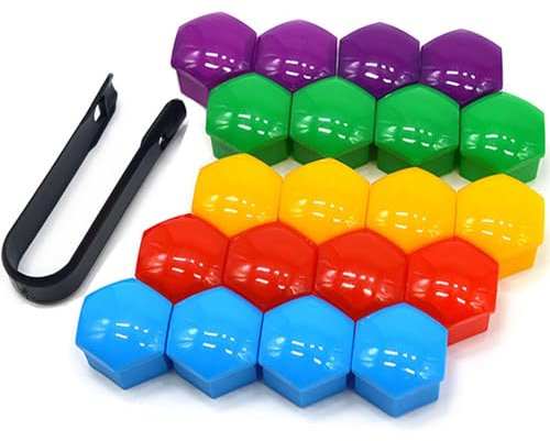 QitinDasen 20 Piezas 21 mm Coche Rueda Tuerca Cubiertas, Tapa de Perno de Tuerca de Rueda de Coche Universal, Tapa de Tuerca de Neumático Hexagonal (Rojo Amarillo Azul Verde Púrpura)