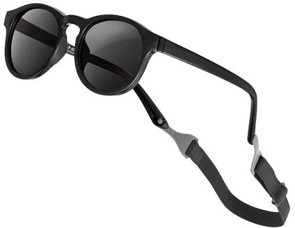 AEUNIV Baby Sonnenbrille mit Riemen, Retro Runder Rahmen Flexibel Polarisiert UV400 für Säugling Kleinkind Neugeborenen Mädchen Jungen Alter 0-24 Monate (Schwarz Mattiert)