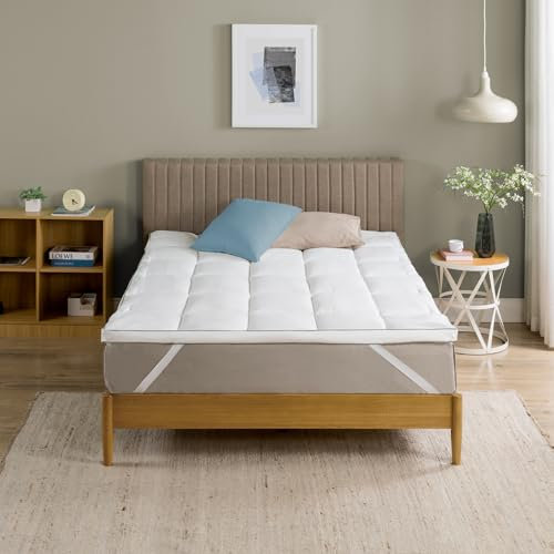 Zinus Surmatelas en Bambou 140x190 cm - Housse Matelassée de 5 cm d'Épaisseur - Housse de Matelas Lavable en Machine - Hypoallergénique, White