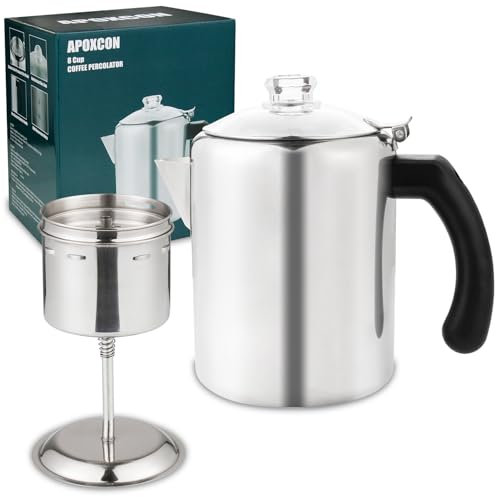 APOXCON Percolateur à café en acier inoxydable avec bouton en verre résistant à la chaleur - Cafetière de camping - Utilisation sur n'importe quelle cuisinière - Argenté - 8 tasses