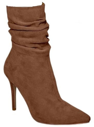 Hykytyhk Botines cortos de gamuza para mujer, de media pantorrilla, punta puntiaguda, tacón alto, holgados, Marrón, 37.5 EU