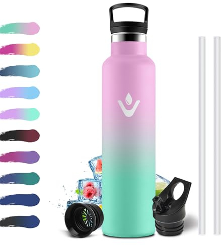 Botella Agua Termica 1L, Botella Acero Inoxidable de Doble Pared, Cantimplora Termica con Pajita, sin BPA, Reutilizable, Fácil de llevar, Termo para Oficina, Bicicleta, Escuela, Adultos, Colegio