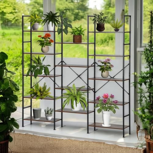 HOMYLIN Soporte para plantas para interiores y exteriores, estantería industrial para flores, escaleras de flores, marco de metal con estantes de MDF para exhibición de jardín, almacenamiento versátil