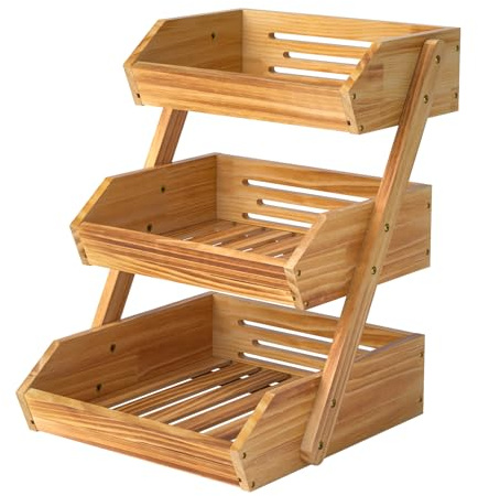 G.a HOMEFAVOR Cesta de Frutas Frutero de 3 Niveles Madera de Pino, Soporte para Verduras, Estante para Aperitivos Y Encimera De Cocina
