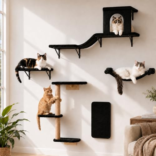 Juego de marco de escalada para gatos, juego de muebles de pared para gatos, estantes de pared estables para interiores, árbol de gatos montado en la pared con poste rascador, plataforma, hamaca y