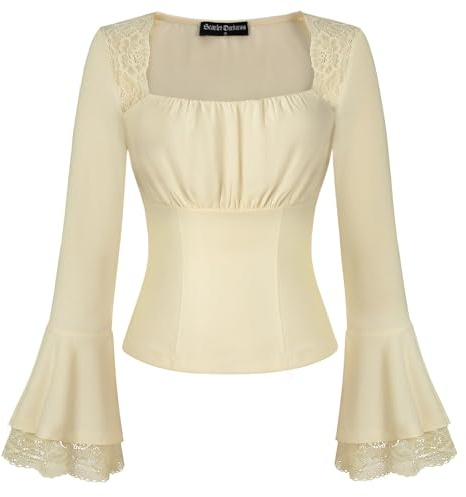 SCARLET DARKNESS Blusa victoriana para mujer, cuello cuadrado, manga larga, corte ajustado, renacentista, tops con encaje, amarillo claro, M