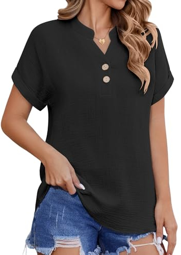 CMTOP Camicia Donna Estiva Cotone Camicetta Eleganti Scollo a V Top Moda Tinta Unita Classico Bottoni Top Casual Sciolto da Lavoro Tunica (Nero, L)