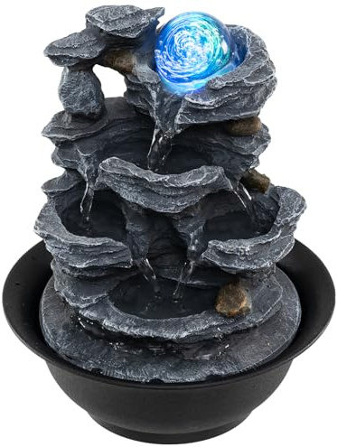 COSTWAY Fontana Zen da Interno, Fontana da Tavolo a Cascata con Luce LED, Pompa Silenziosa e Velocità dell'Acqua Regolabile, Fontanella Decorativa per Soggiorno, Ufficio e Camera da Letto (Modello 3)