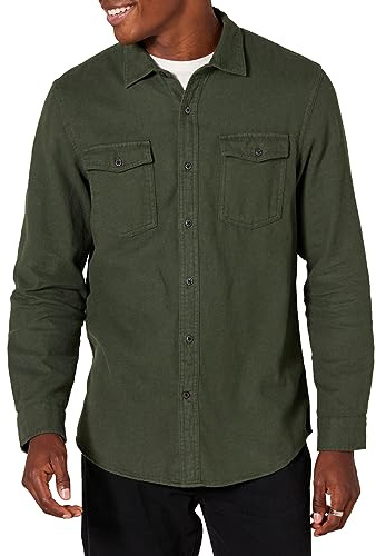 Amazon Essentials Camicie in Flanella a Maniche Lunghe a 2 Tasche a Vestibilità Aderente Uomo, Verde Oliva Puntinato, M