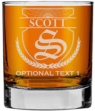 Spotted Dog Company Personalised Etched 325ml Whiskey Glass Tumbler, Custom Whisky Birthday Gift for Men Him Dad, Customised Cocktail Old Fashioned Scotch, Bourbon Decoration Decor - Scott Monogram