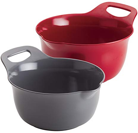 Rachael Ray Tools and Gadgets Nesting / Stackable Mixing Bowl Set with Pour Spouts and Handle - 2 and 3 Quarts, Red and Gray