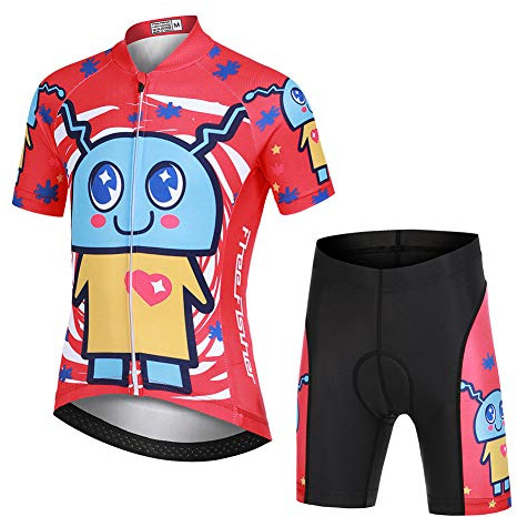 YFPICO Niño Niña Ropa Conjunta de Ciclismo Bicicleta Maillot de Manga Corta + Pantalone Corto Secado Rápido, Rojo, 122/128