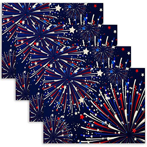 Mrcrypos Placemats Set of 4 Fireworks in Color of Blue White Red for Festival Celebration Mats Memorial Day Table Mats Flax Placemat Non-Slip Heat Resistant Place Mats for Kitchen Dining 18X12 Inch