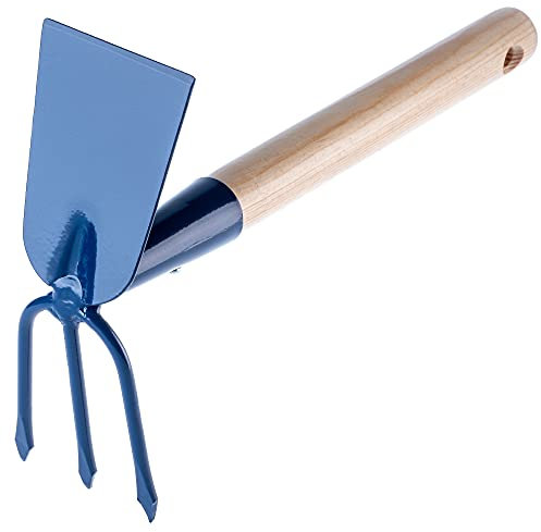 KADAX Azada de metal, azada de jardín con mango de madera, doble azada para jardín para aflojar, ventilar y deshierbar el suelo, azada para malas hierbas (corto, rectángulo - 3 dientes, con mango de