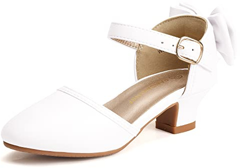 PANDANINJIA Girls Heels Sandals Toddler Flower Girl Dress Shoes Princess Mary Jane Pumps Low Heel Wedding Party Wendy Shoes for Little Kid/Big Kid Size 5, White Pu