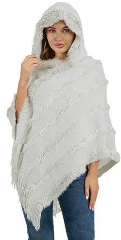 Elegante Maglione Poncho Donna Invernale Poncho con Cappuccio Mantella Scialle Uncinetto con Strisce di Peluche e Franges Scialle della Moda Monocromo Irregular Moda Giovane Top