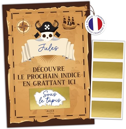 Gioco Caccia al tesoro da grattare - Attività compleanno vacanza - Interno/Esterno - Bambino 5-11 anni (8 carte personalizzabili + 8 pastiglie da graffiare) (Pirate)