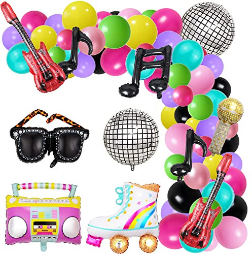 Decorazioni per feste anni '80 e '90 Bundle Radio Boom Box,139PCS Roller Skate 4D Disco Foil Palloncini Retro Telefono Cellulare Chitarra Microfono Palloncini Ghirlanda Arco Kit Hip Hop Discoteca