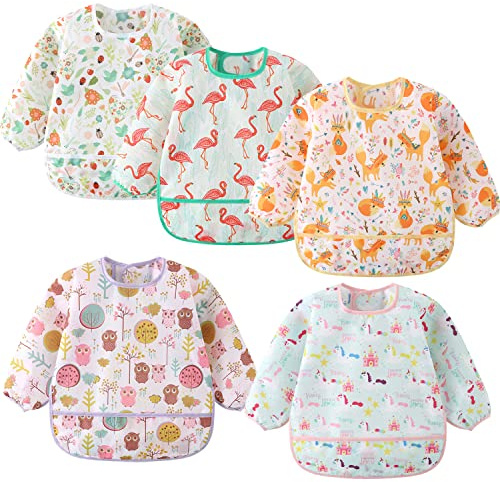 ElecMotive Long Sleeve Bibs 5 Pack Waterproof Sleeved Bib Baby Toddler Soft Bib for 6-30 Months