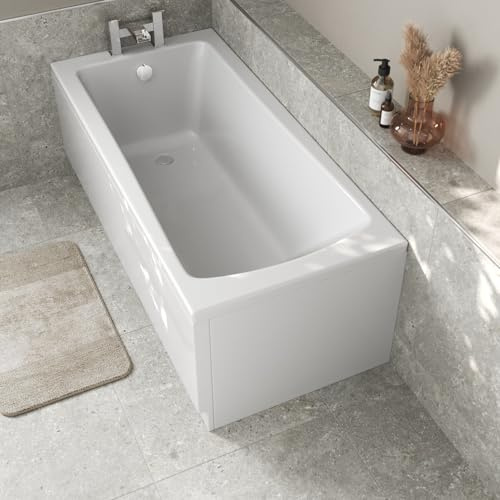 Baystone 1700 x 700mm Single Ended Bath White Gloss Soaking Bathttub, Acrylic Baths for Bathrooms, Straight Wide End, Adjustable Feet, No Panel