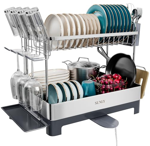 SUNLY Large Dish Drying Rack, Multipurpose 2 Tier Dish Racks for Kitchen Counter, 304 Stainless, Extra Large Drain Board, Gray