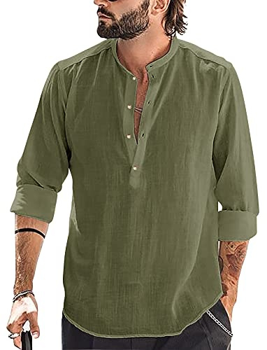 Runcati Camisa de lino de algodón para hombre, manga larga, cuello alto, camisa de playa, camisa de verano, camisas elegantes, verde oliva, M