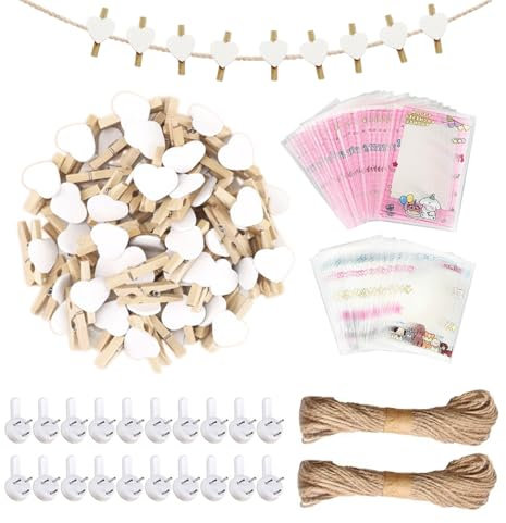 100 clip con corda da 10 metri e 2 chiodi senza cuciture, 20 supporti per biglietti fotografici, clip d'amore in legno, porta biglietti di vacanza, clip per foto, clip per decorazioni fai da te