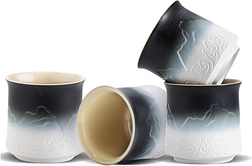 ZENS Japanese Tea Cup Set of 4, 240ml Gradient Embossed Ceramic Cups for Hot Tea or Matcha, Handle-Less Asian Style, Chinese, Occupied Japan, Black White