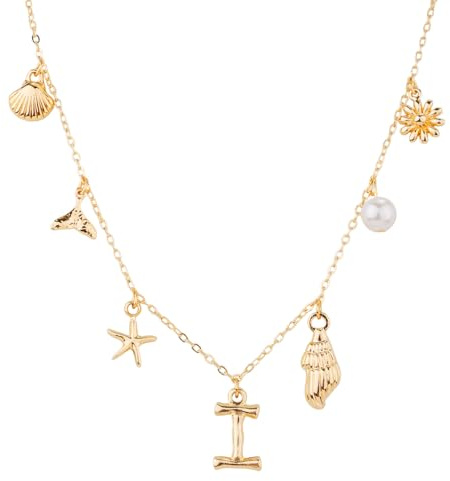 Collier à Breloques Initiales pour Femme, Doré Colliers avec Lettres Coquillage Coquillage Étoile de Mer Collier avec Pendentif Alphabet A-Z Bohème Bijoux Plage d'Été Cadeau pour Filles (I)