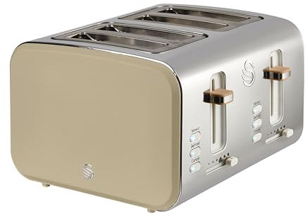 Swan ST14620OAT Nordic 4 Slice Toaster with 6 Browning Levels, Defrost/Reheat/Cancel, Removable Crumb Trays, Cord Storage, 1500W, Oatmeal