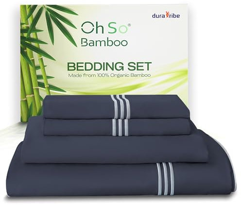 DURA TRIBE Oh So Bamboo 4 Piece Bedding Set – Charcoal – King – Embroidered Design – 100% Organic Bamboo Viscose Cooling Silky Soft & Smooth - Luxurious Comfort for a Restful Sleep – Hypoallergenic