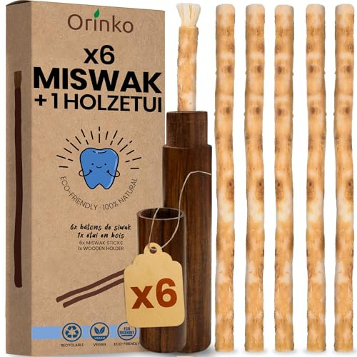 ORINKO 6 Bâtons de Siwak + 1 Étui en Bois – Miswak Brosse à Dents Naturelle Écologique et Vegan – Soin de la Bouche Traditionnel et Blanchiment des Dents